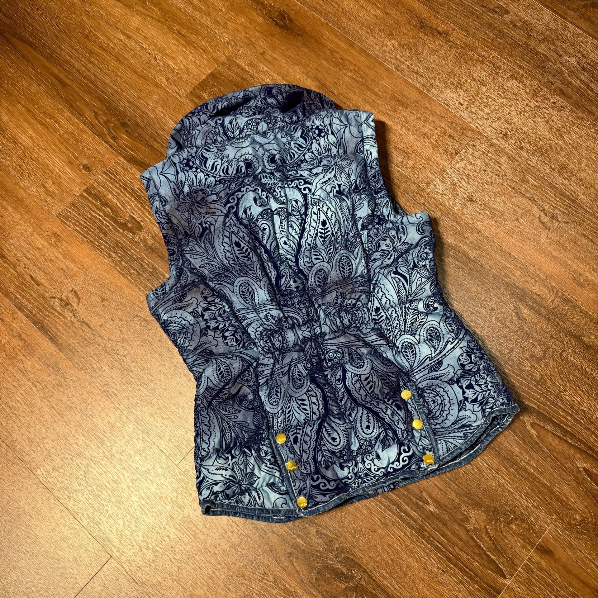 Desigual Puffer Vest Size M Blue Paisley Quilted Full Zip Velvet Look 4