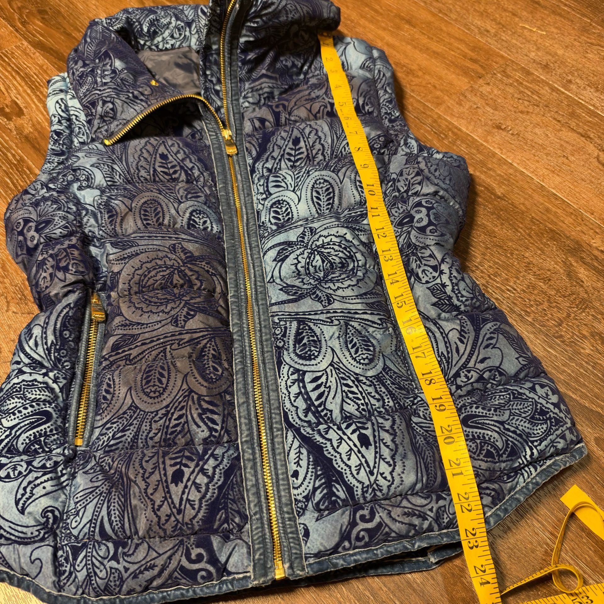 Desigual Puffer Vest Size M Blue Paisley Quilted Full Zip Velvet Look 6
