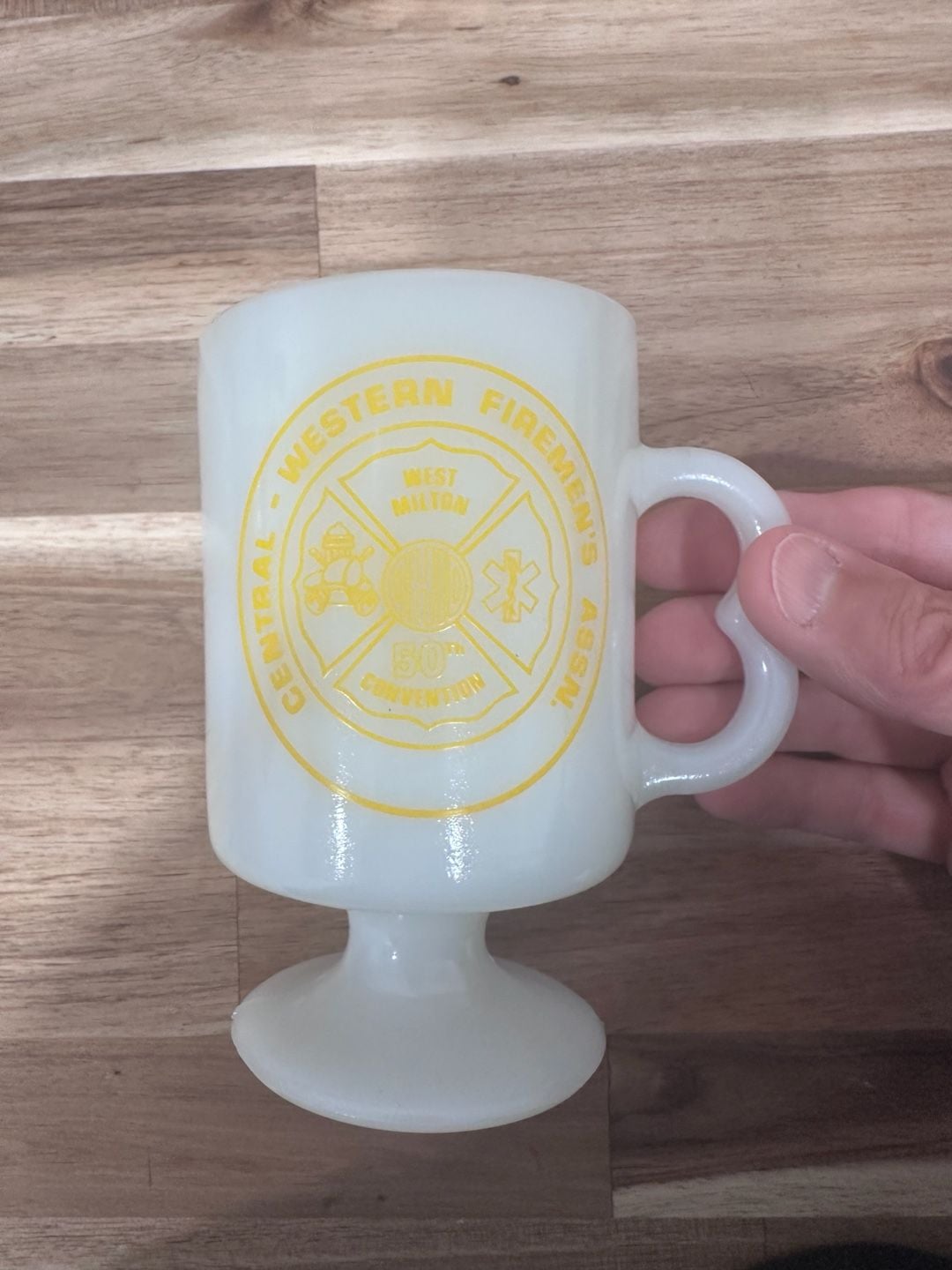 Vintage Central Western Firemen's Assn Footed Milk Glass Mugs Set 2