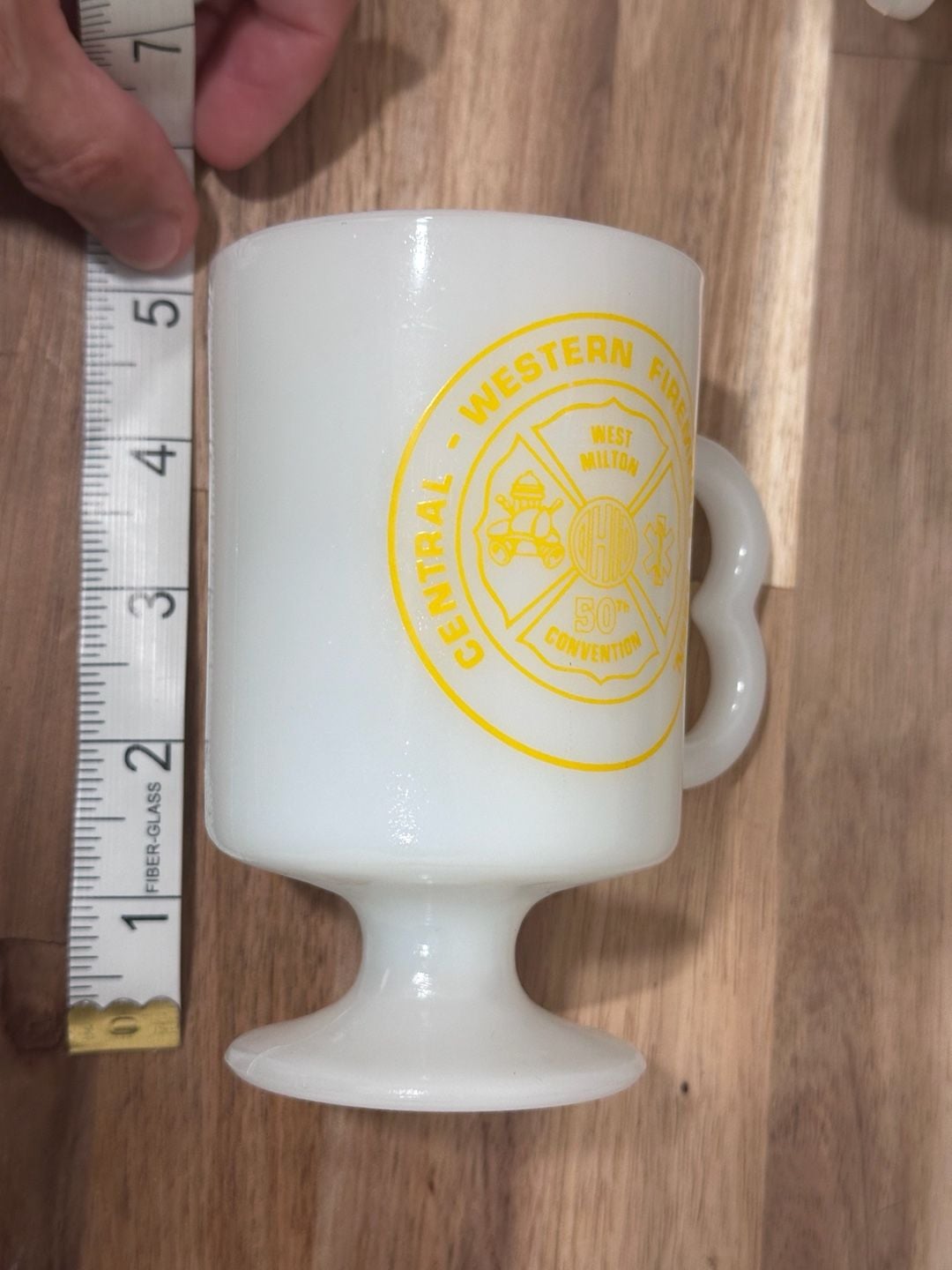 Vintage Central Western Firemen's Assn Footed Milk Glass Mugs Set 4