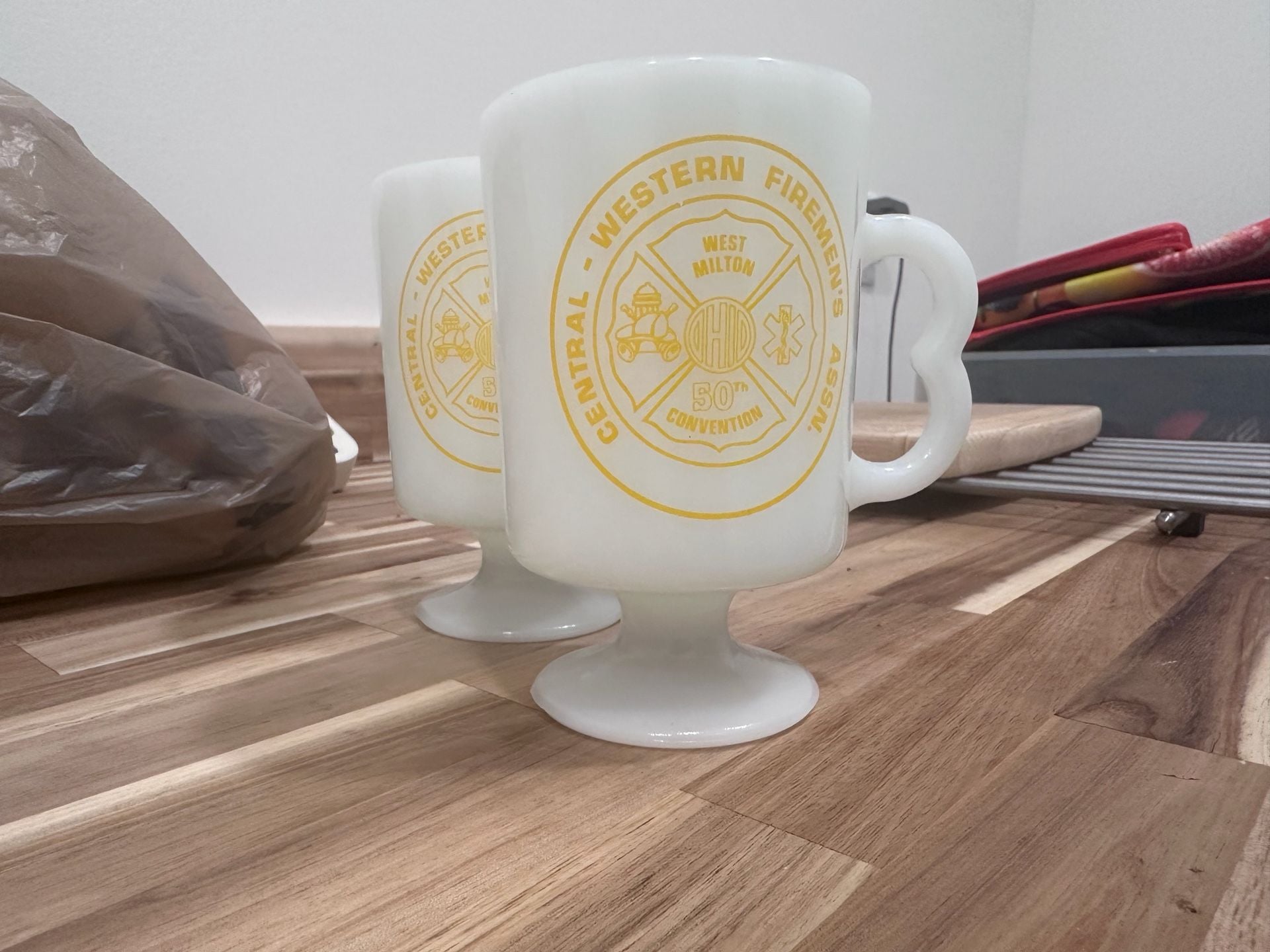 Vintage Central Western Firemen's Assn Footed Milk Glass Mugs Set 5