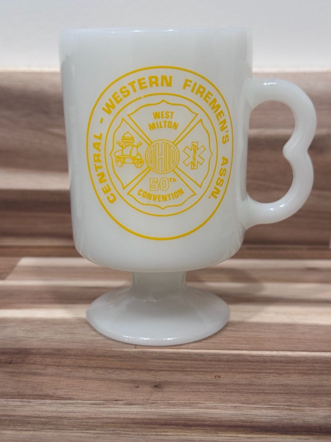 Vintage Central Western Firemen's Assn Footed Milk Glass Mugs Set 6