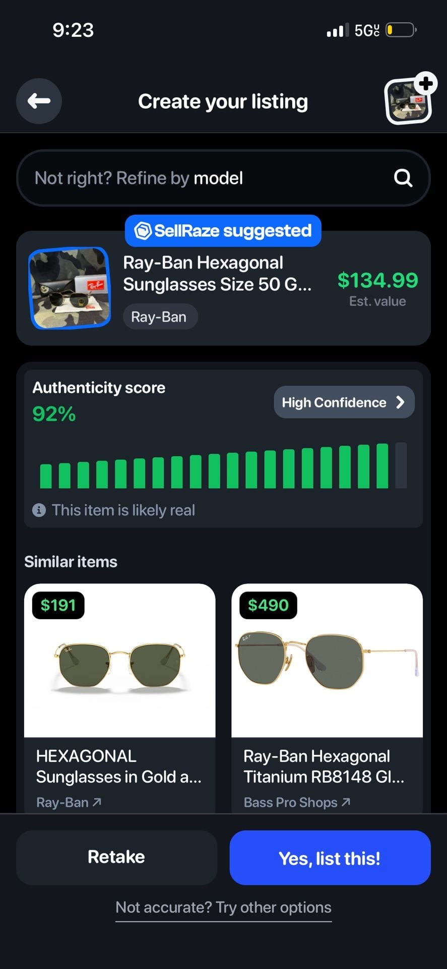 Ray-Ban Hexagonal Sunglasses Size 50 Gold G-15 Lens RB3548 8