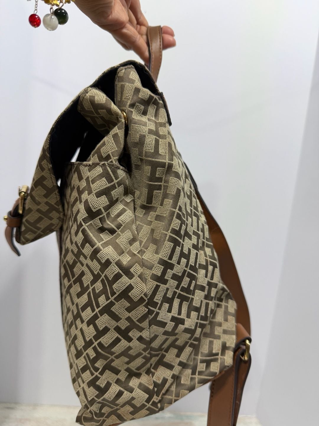 Tommy Hilfiger Monogram Jacquard Backpack Brown Tan Logo Handbag Purse 7