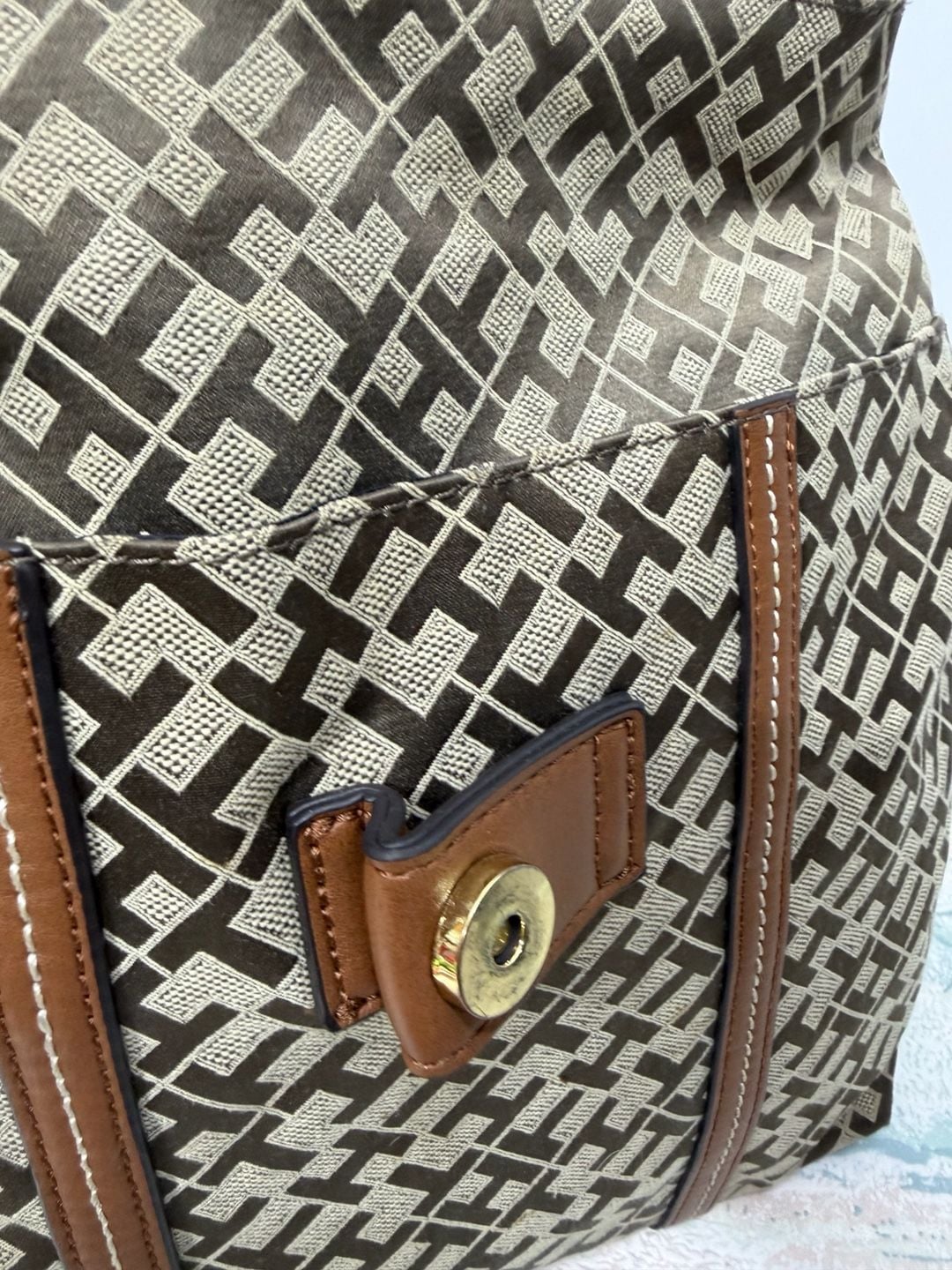 Tommy Hilfiger Monogram Jacquard Backpack Brown Tan Logo Handbag Purse 8