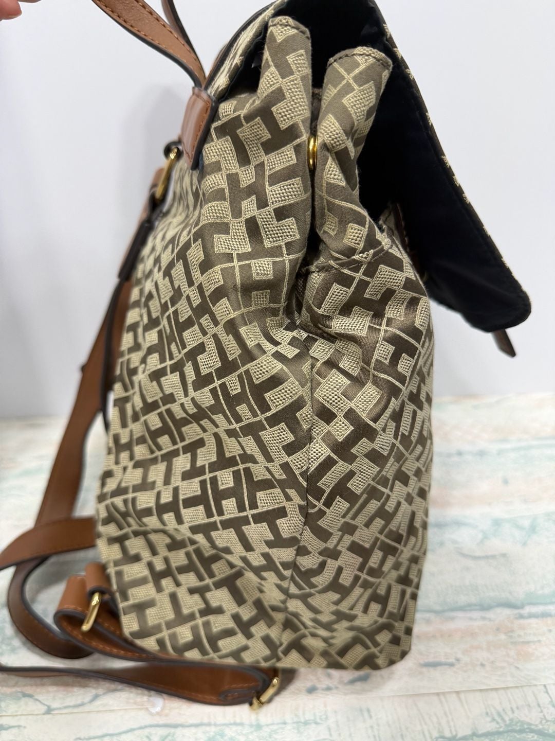 Tommy Hilfiger Monogram Jacquard Backpack Brown Tan Logo Handbag Purse 9