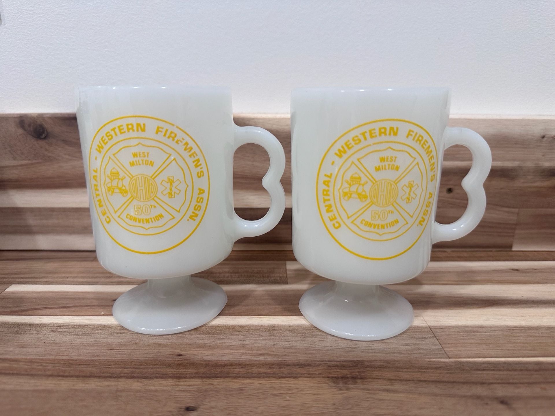 Vintage Central Western Firemen's Assn Footed Milk Glass Mugs Set 1