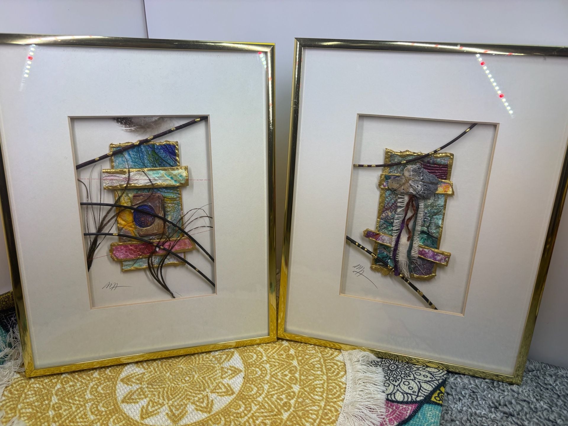Signed Cyndi Mylynne & Jeff Adam’s Wall Art Signed Framed Golden Leaf -Set of 2 3