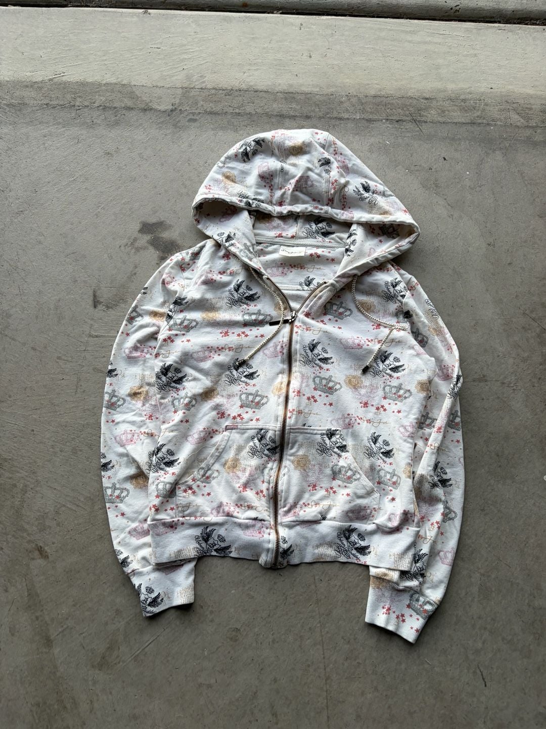 Sean John Crop Top Zip Up Hoodie White Crown All Over Print Y2K 2