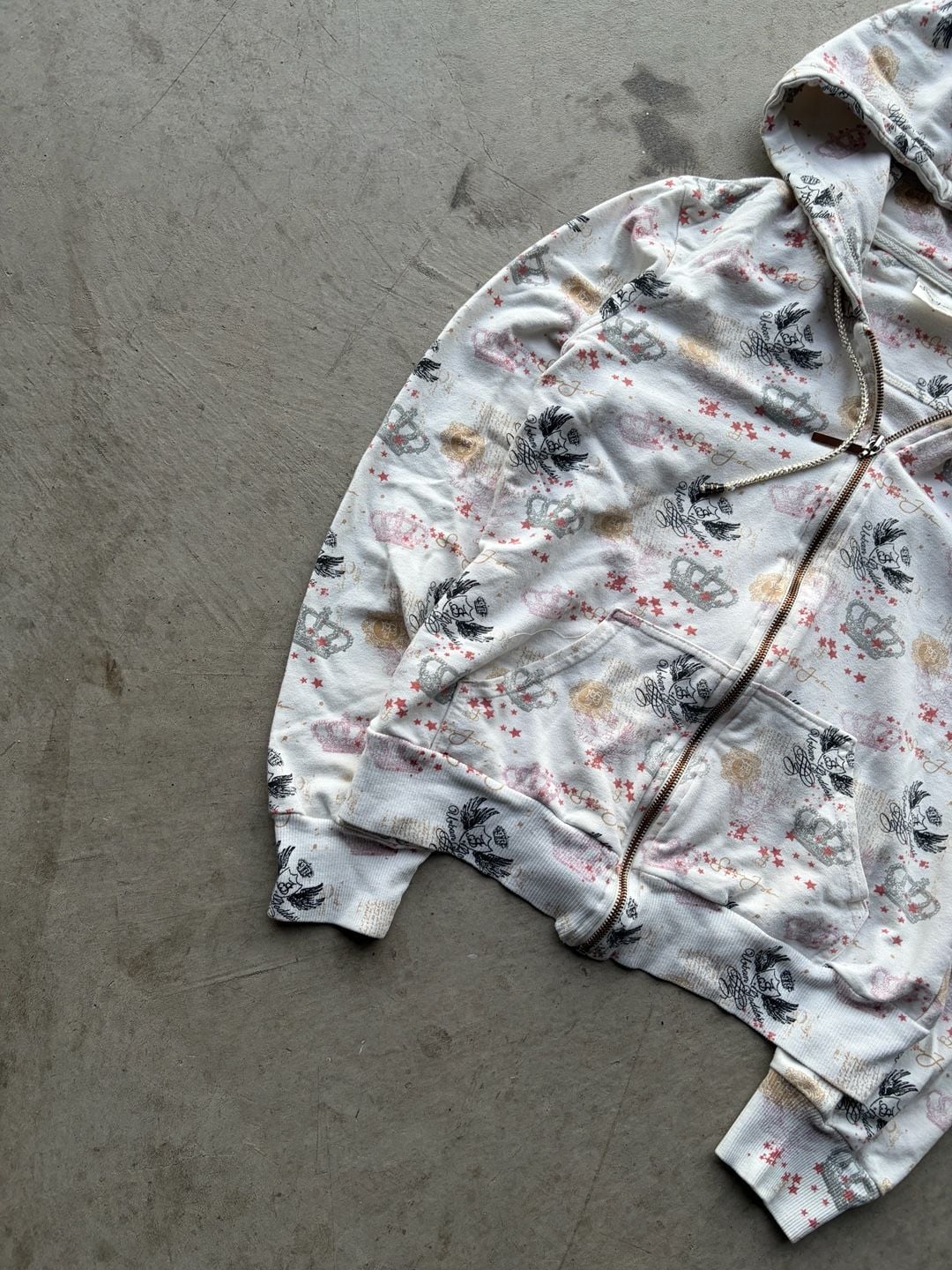 Sean John Crop Top Zip Up Hoodie White Crown All Over Print Y2K 3