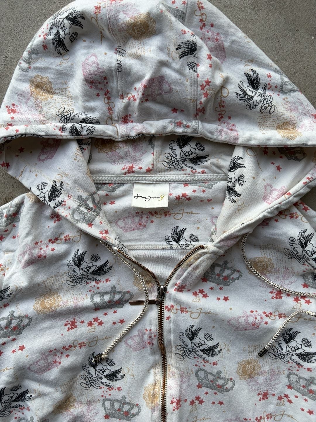 Sean John Crop Top Zip Up Hoodie White Crown All Over Print Y2K 4