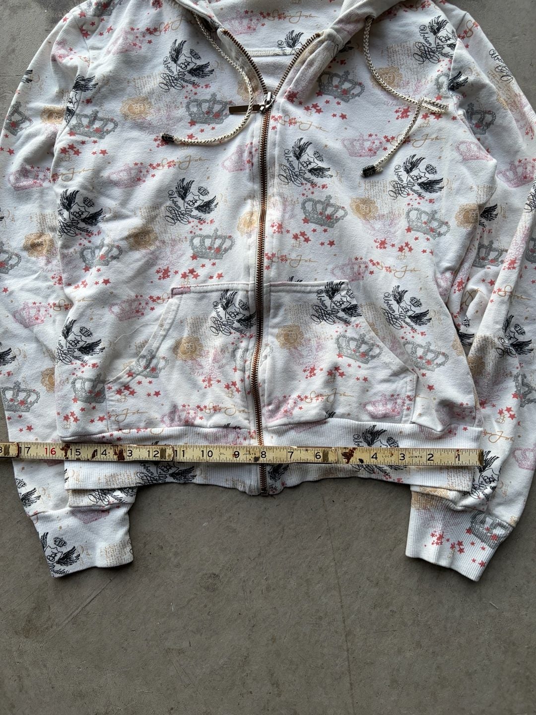 Sean John Crop Top Zip Up Hoodie White Crown All Over Print Y2K 6
