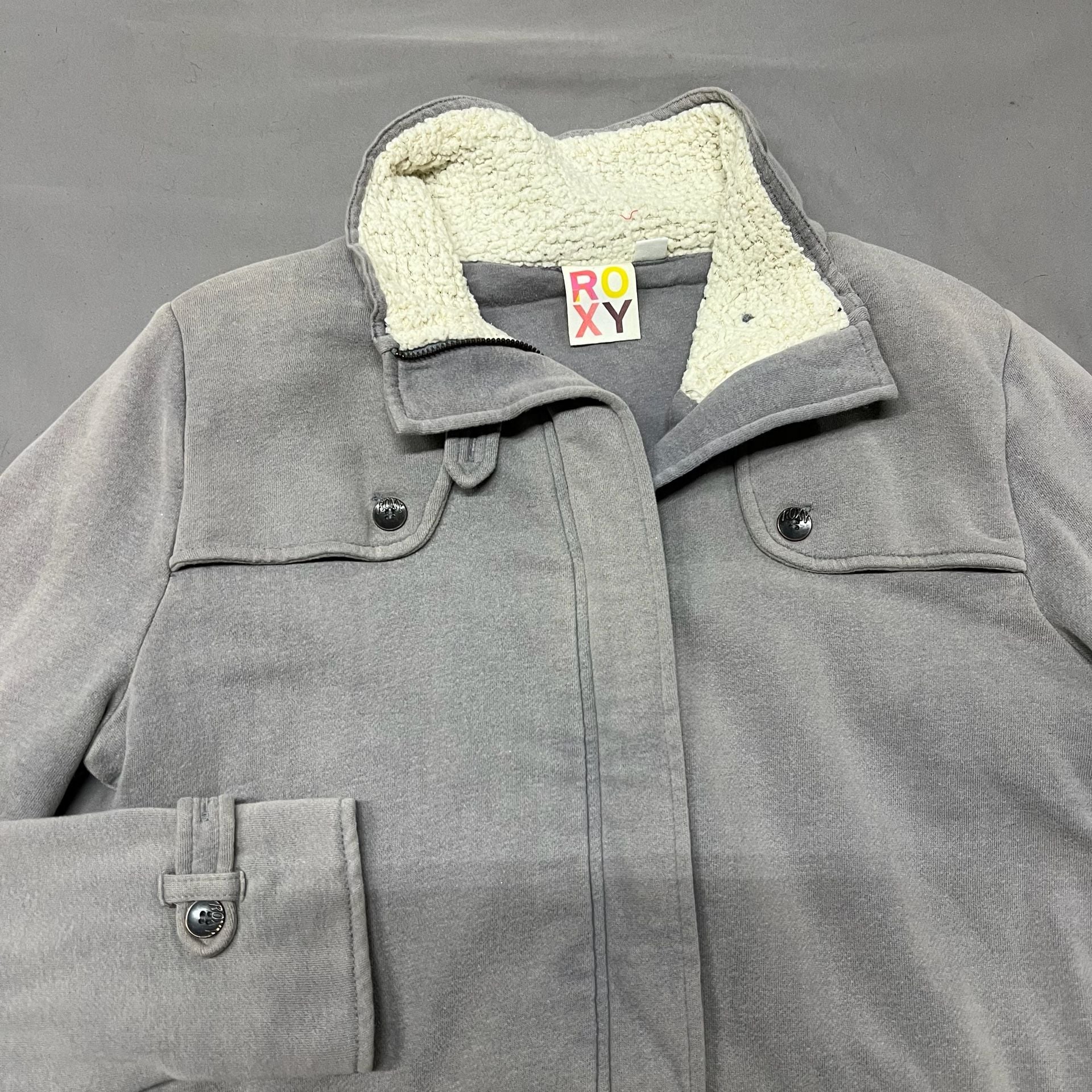 Roxy Fleece Jacket Gray Sherpa Lined Full Zip Utility Coat women’s Large 4