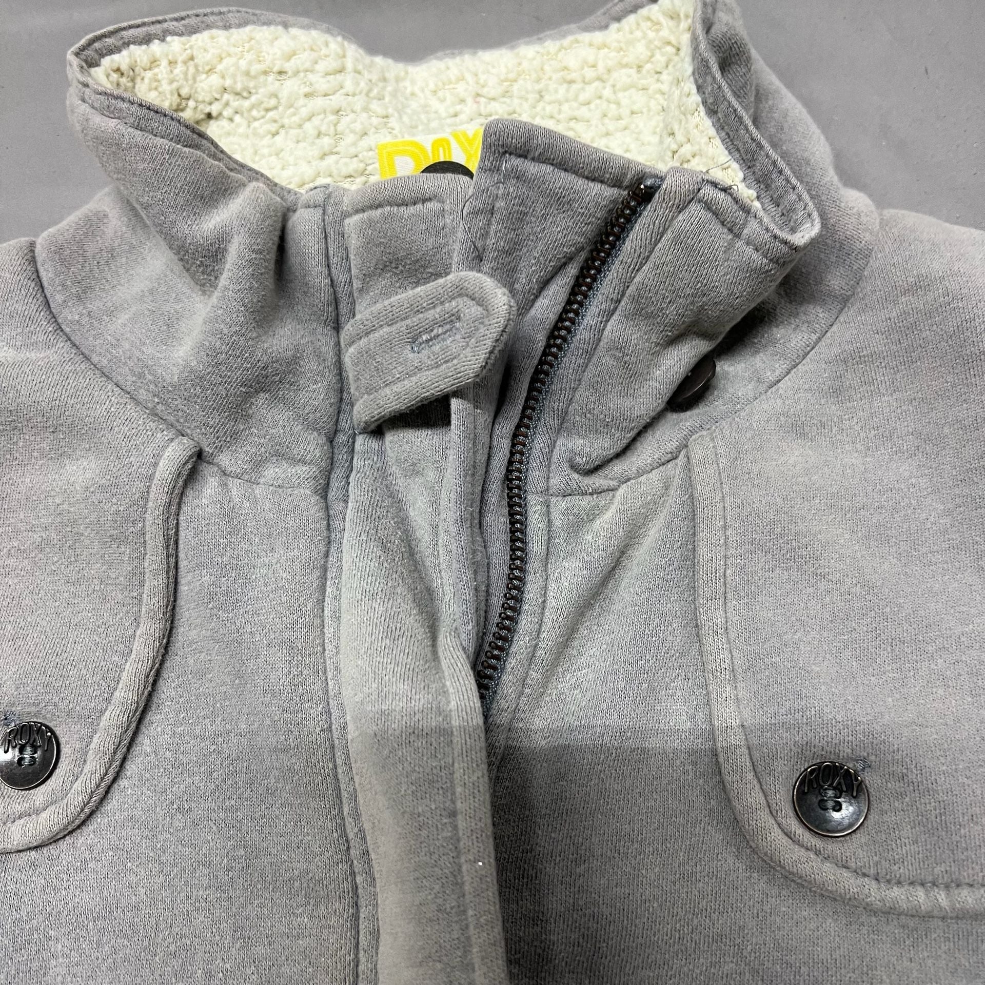 Roxy Fleece Jacket Gray Sherpa Lined Full Zip Utility Coat women’s Large 15