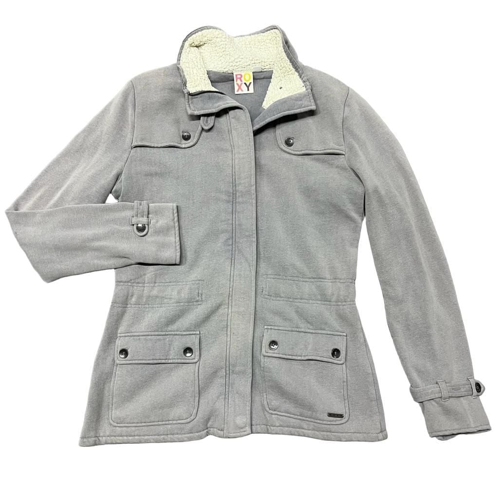 Roxy Fleece Jacket Gray Sherpa Lined Full Zip Utility Coat women’s Large 2