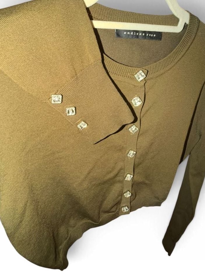 NWOT Anthro Nordstrom Endless Rose Cropped Cardigan Olive Rhinestone Buttons Small 4