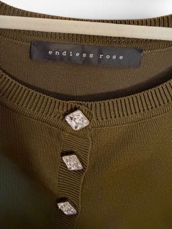 NWOT Anthro Nordstrom Endless Rose Cropped Cardigan Olive Rhinestone Buttons Small 6