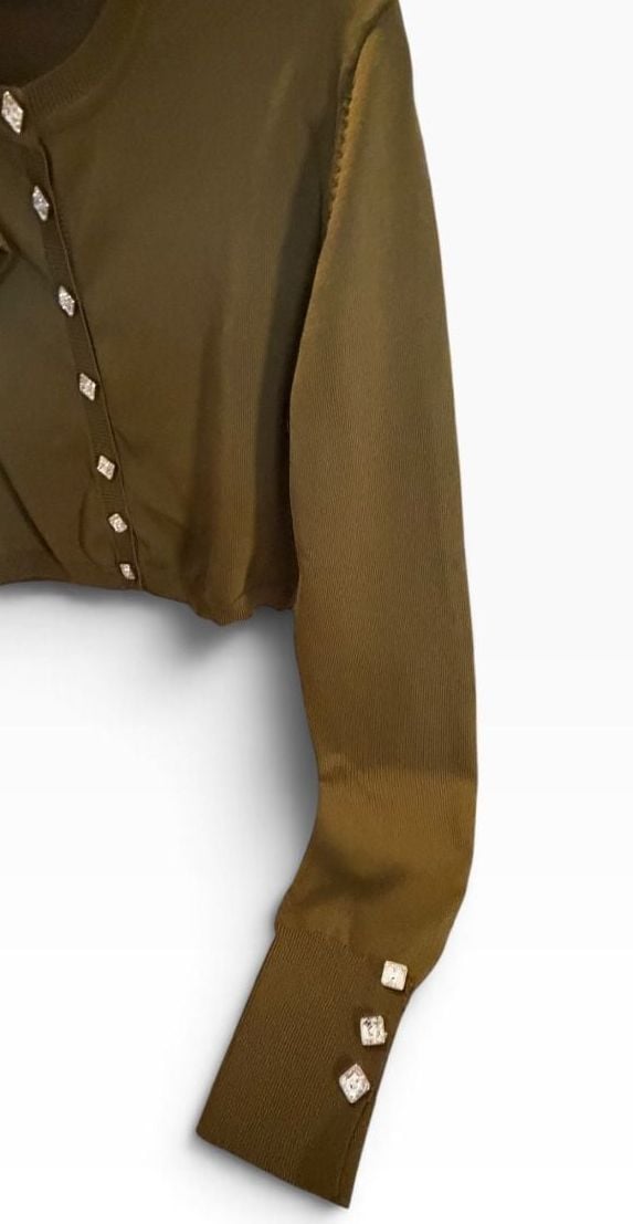 NWOT Anthro Nordstrom Endless Rose Cropped Cardigan Olive Rhinestone Buttons Small 5