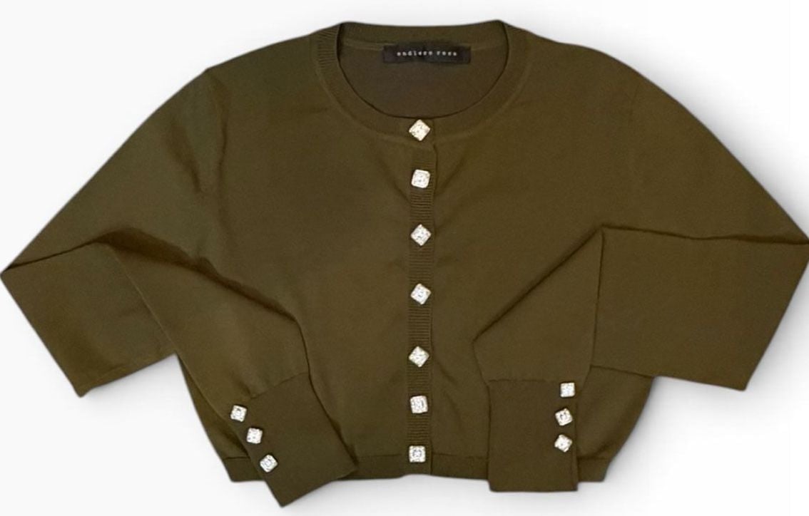 NWOT Anthro Nordstrom Endless Rose Cropped Cardigan Olive Rhinestone Buttons Small 8