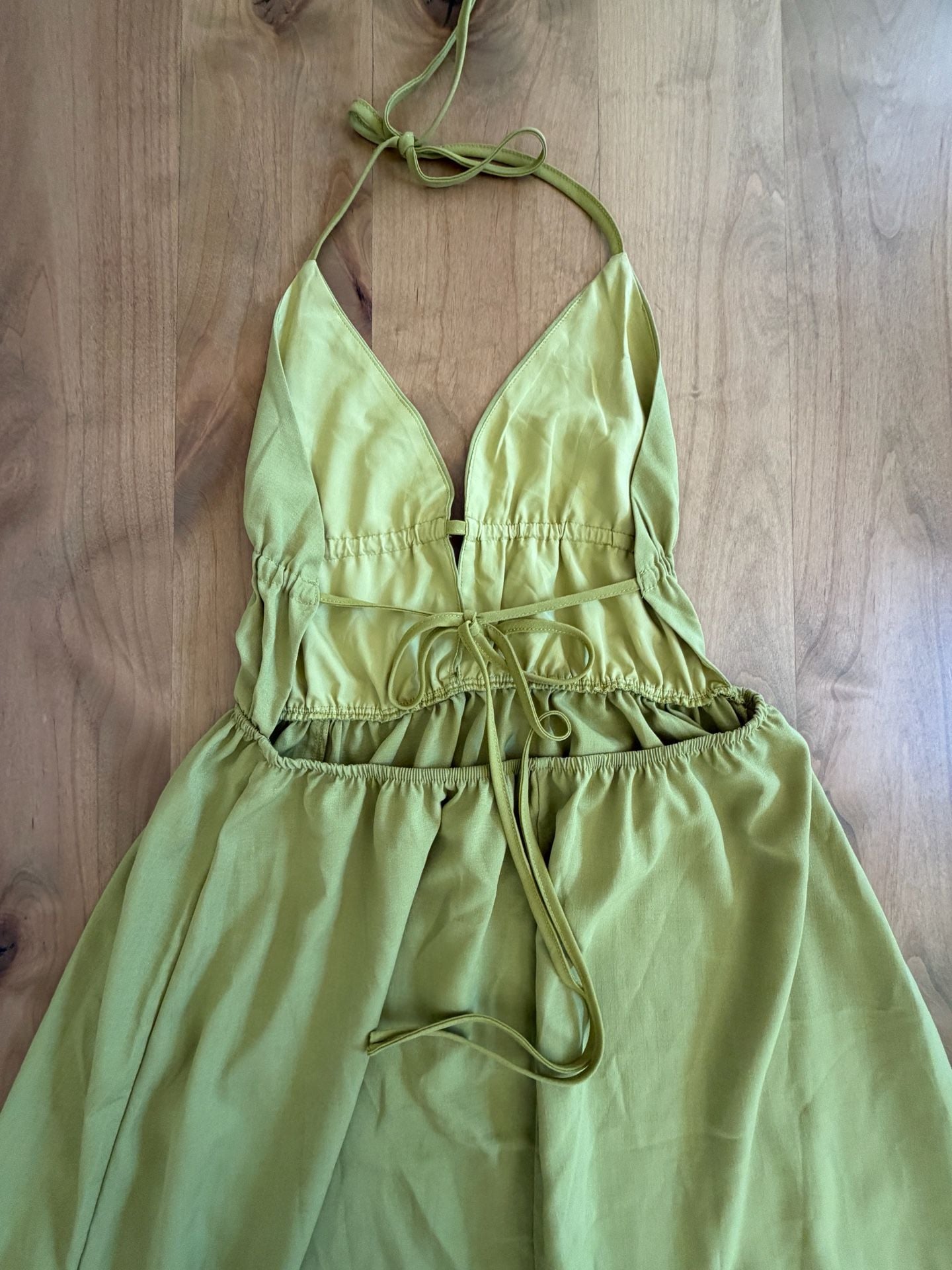 Shein Halter Maxi Dress Size L Olive Green V-Neck Backless 9