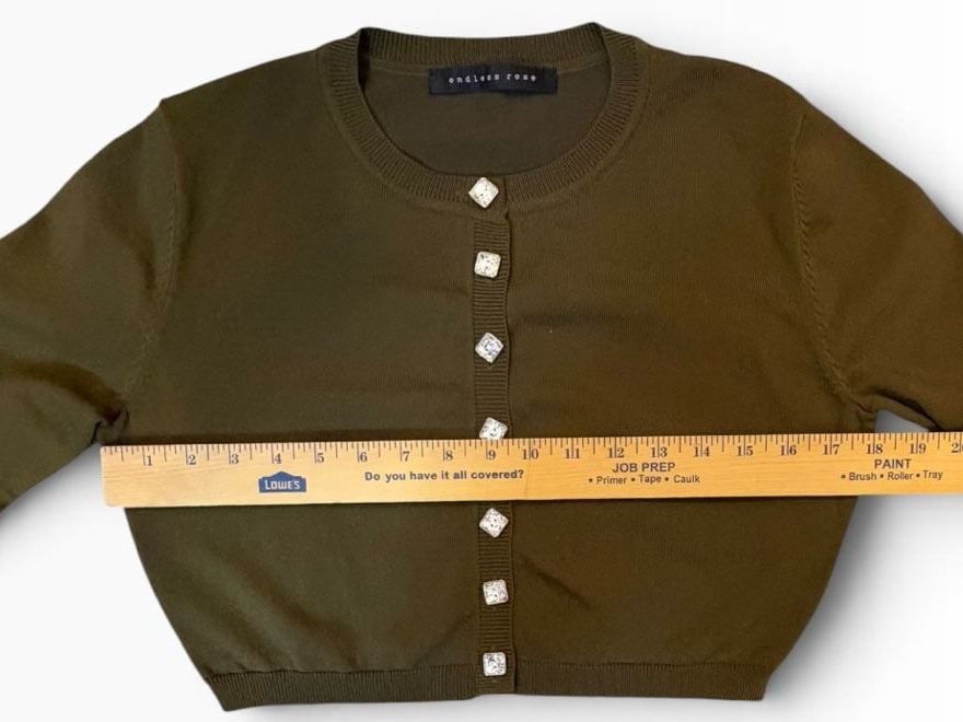 NWOT Anthro Nordstrom Endless Rose Cropped Cardigan Olive Rhinestone Buttons Small 9