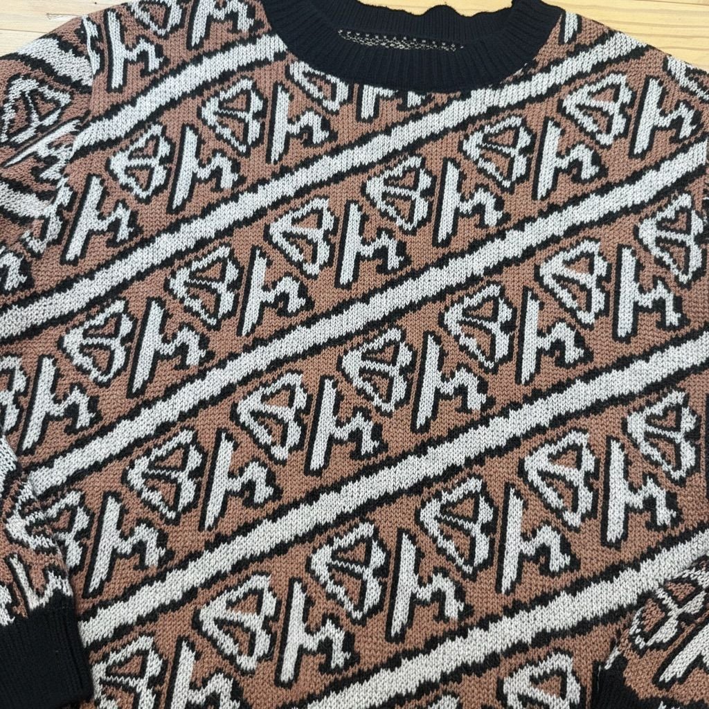 Graffiti Jacquard Crewneck Pullover Brown Black Sweater 3