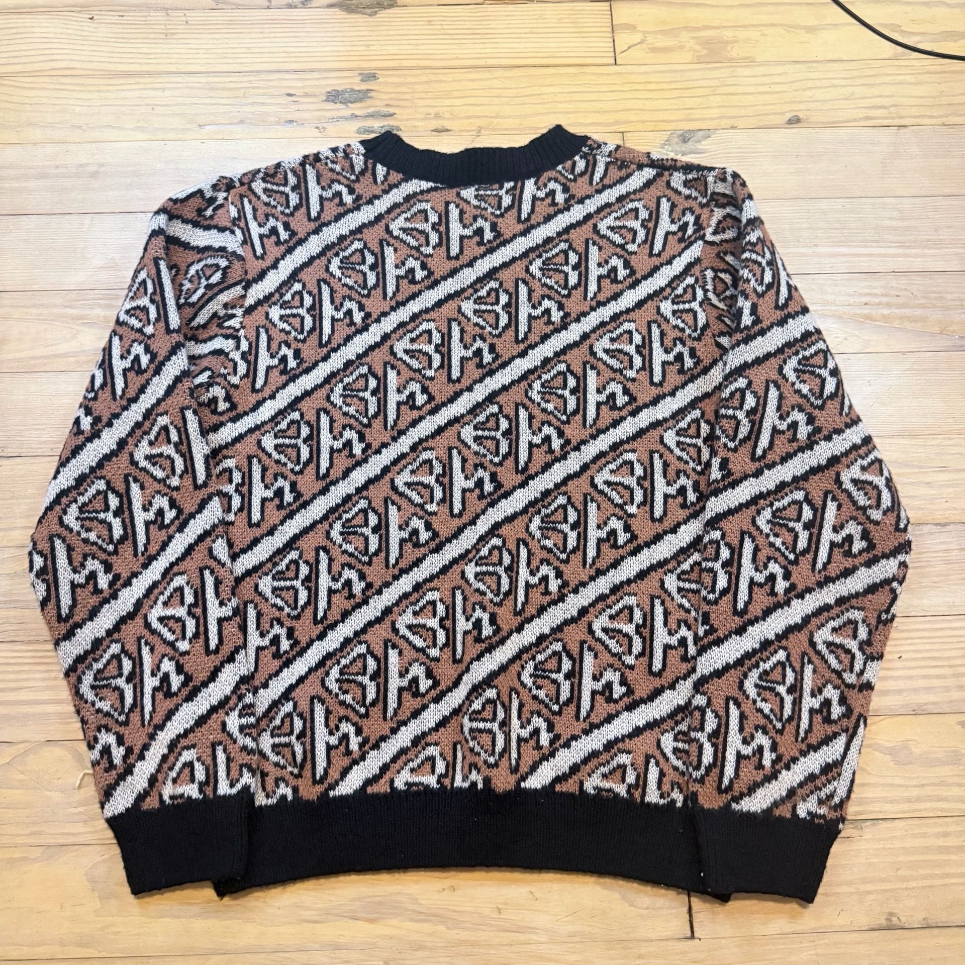 Graffiti Jacquard Crewneck Pullover Brown Black Sweater 8