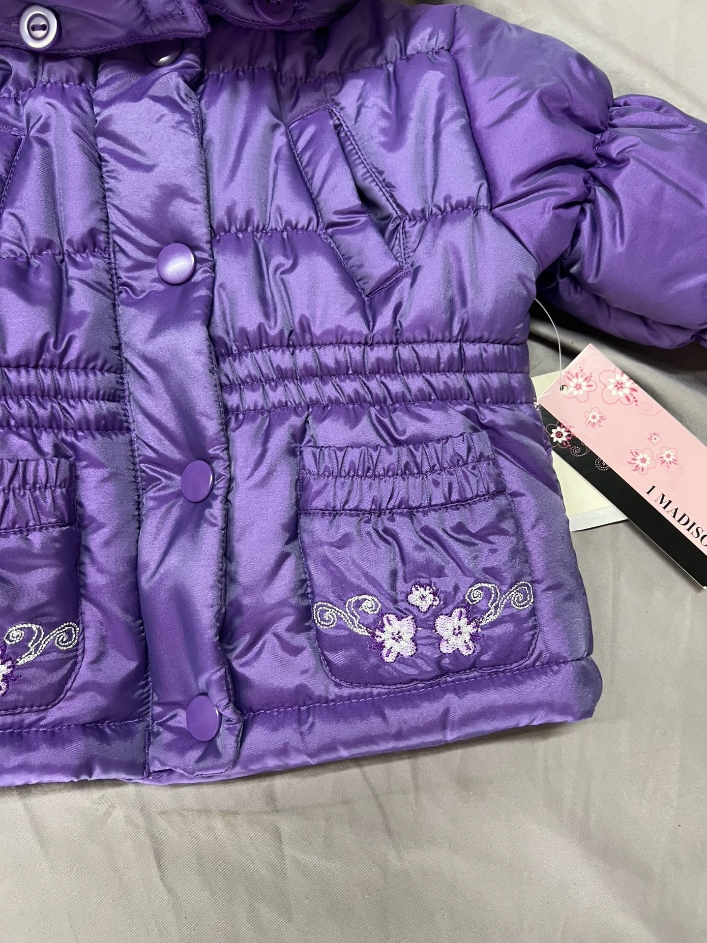 Madison Puffer Jacket baby girl 6-9 months Purple Floral Winter Coat Faux Fur 4