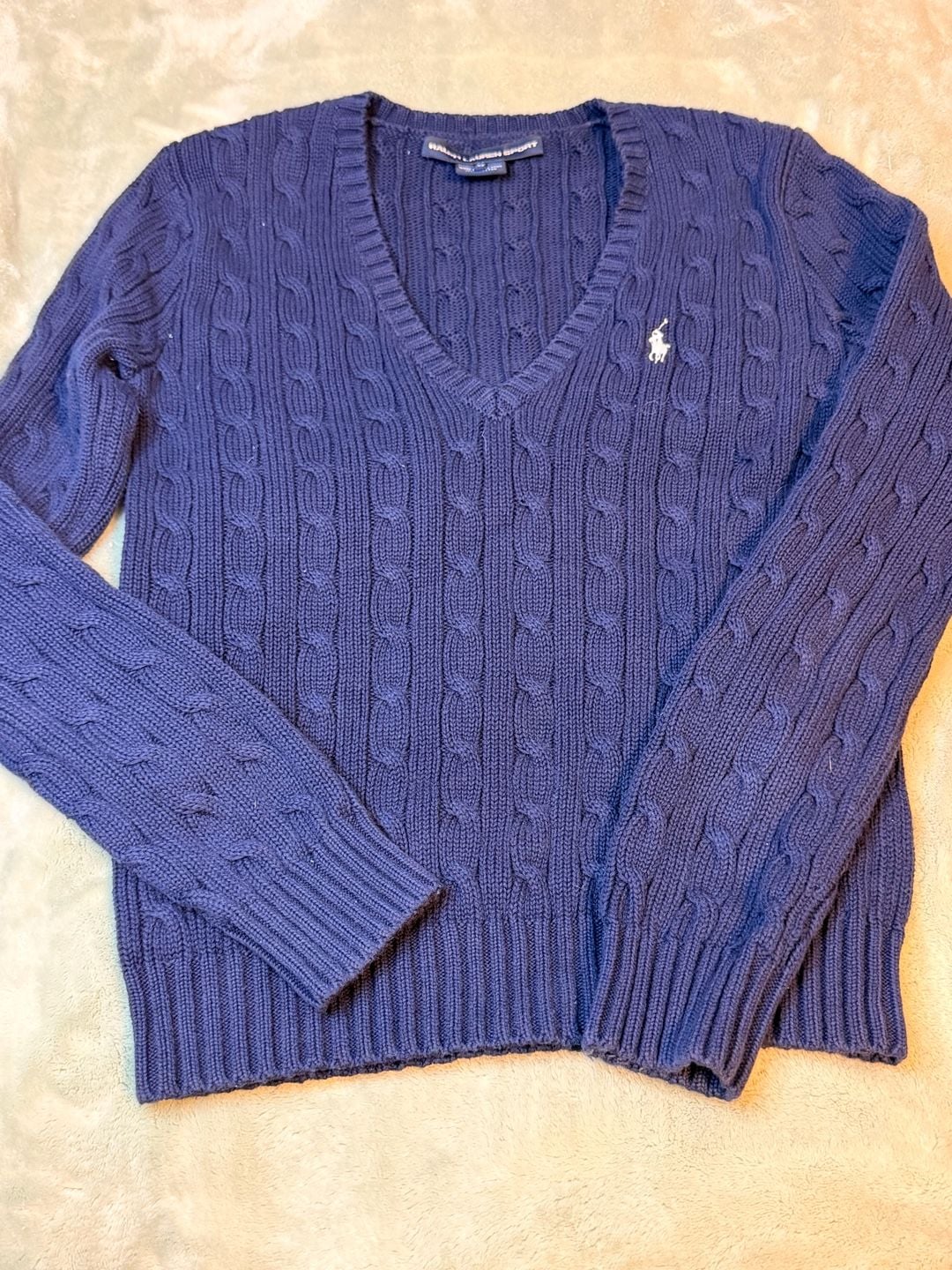 Ralph Lauren Sport Cable-Knit V-Neck Sweater Size M Blue Cotton 2