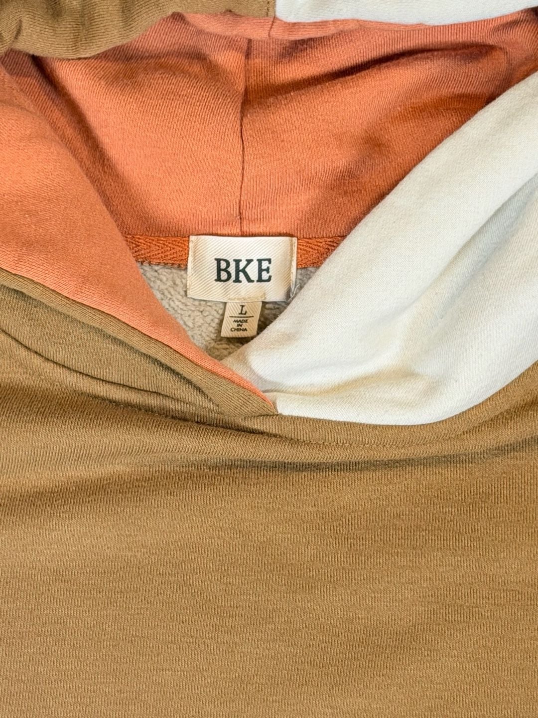 Bke Colorblock Hoodie Size L Tan White Orange Pocket Sweatshirt 3