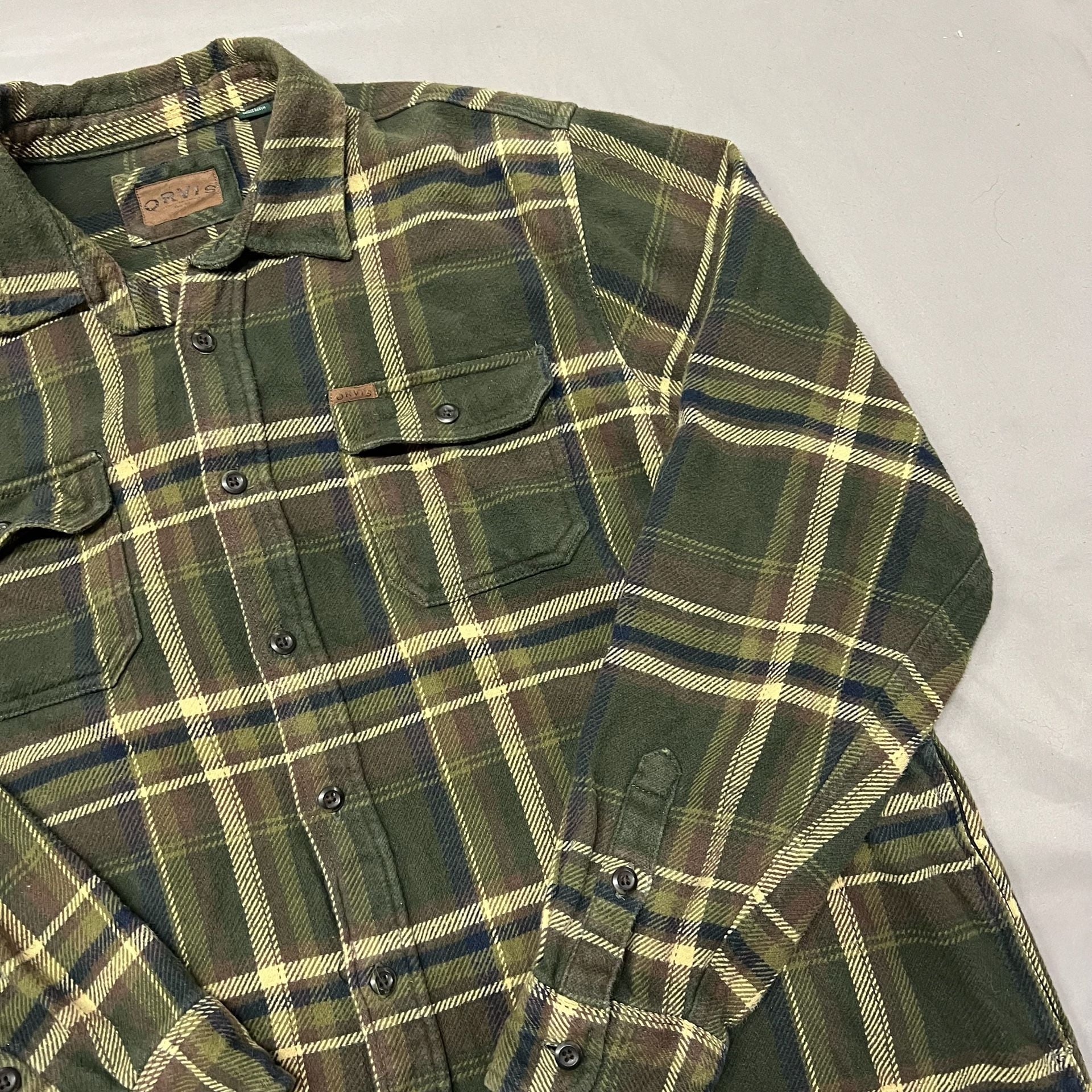 Orvis Plaid Heavyweight Flannel Shirt Green Long Sleeve Button Down Size XXL 10