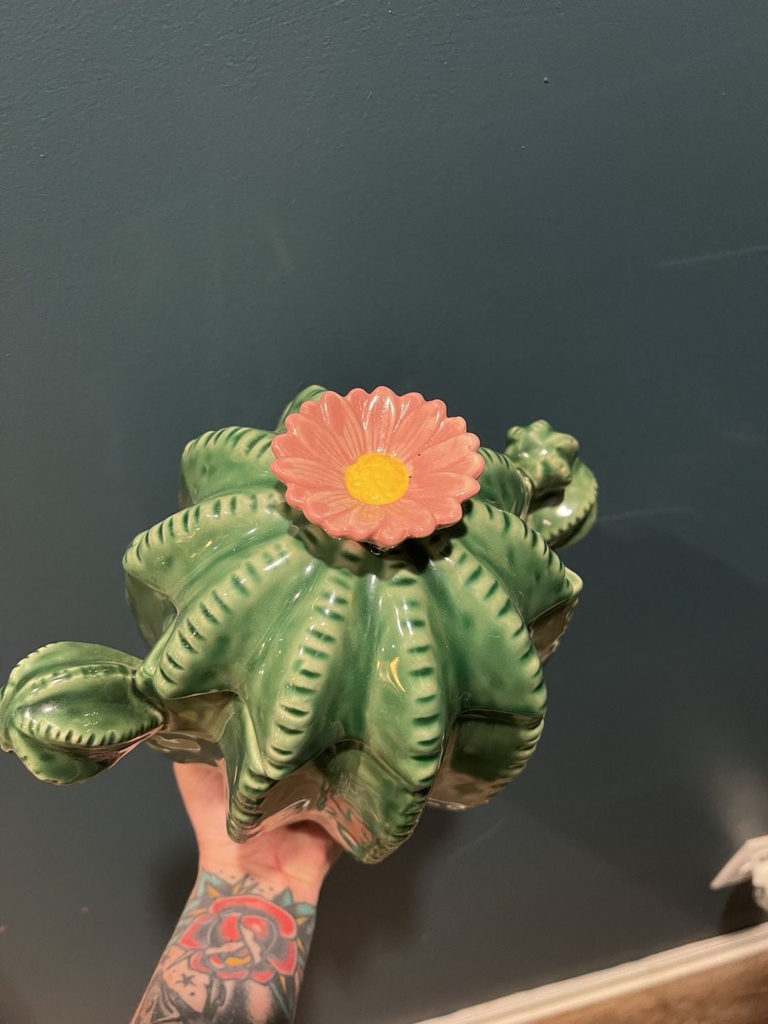 World Market Ceramic Cactus Cookie Jar Canister Green Pink Flower 2