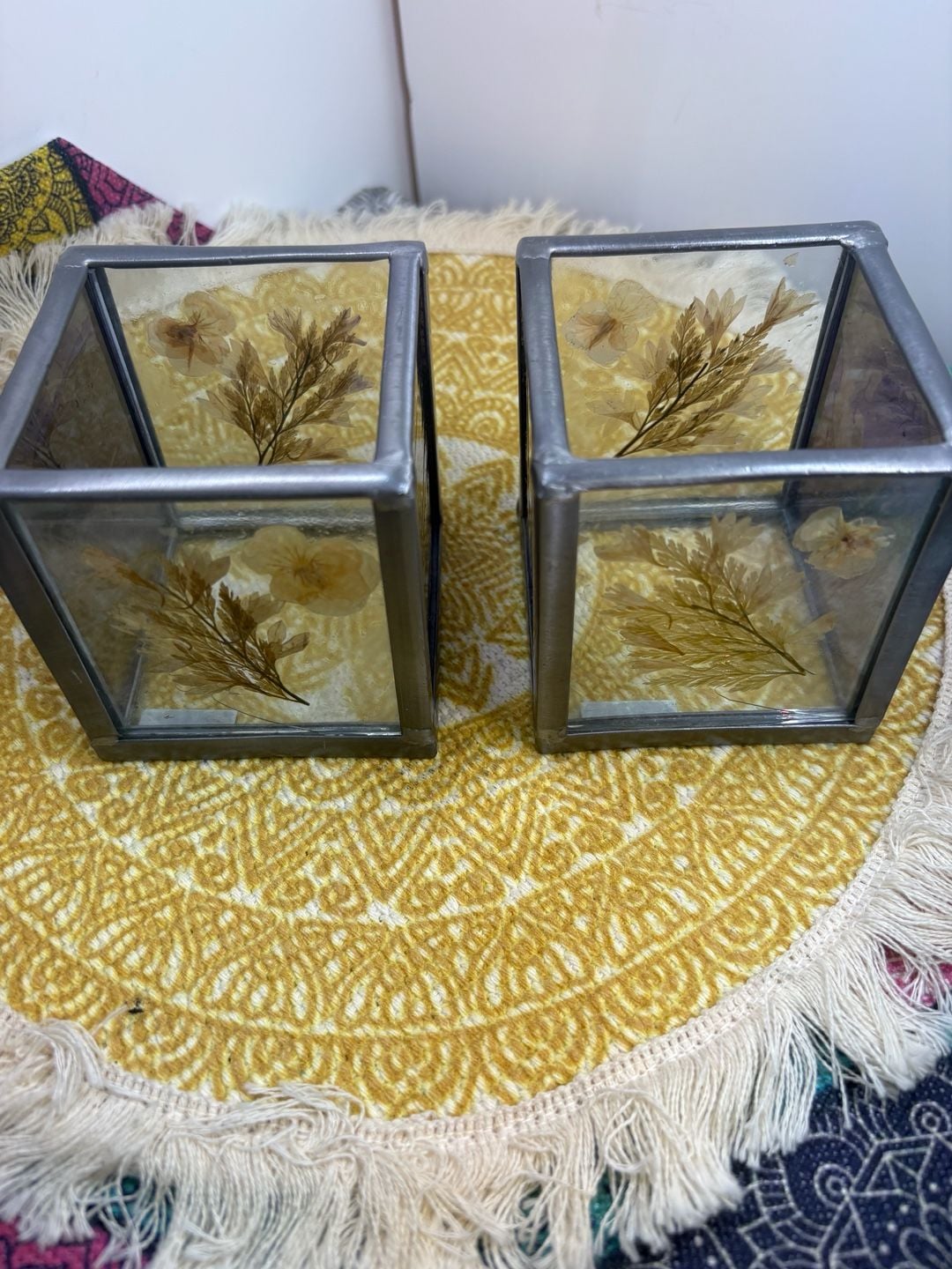 International Silver Company Glass Candle Holder Pressed Flowers Set Of Two 2