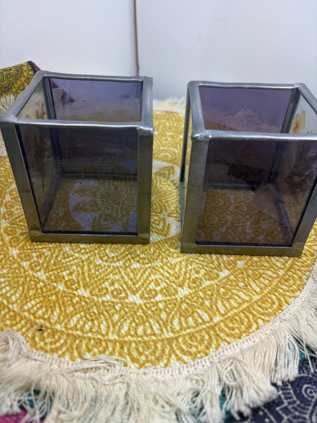 International Silver Company Glass Candle Holder Pressed Flowers Set Of Two 3