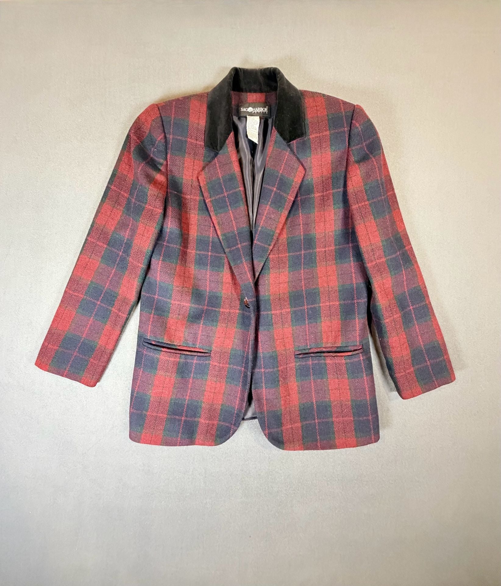 Vintage Sag Harbor Petite Plaid Wool Blazer Size 4 Velvet Collar Academia 2