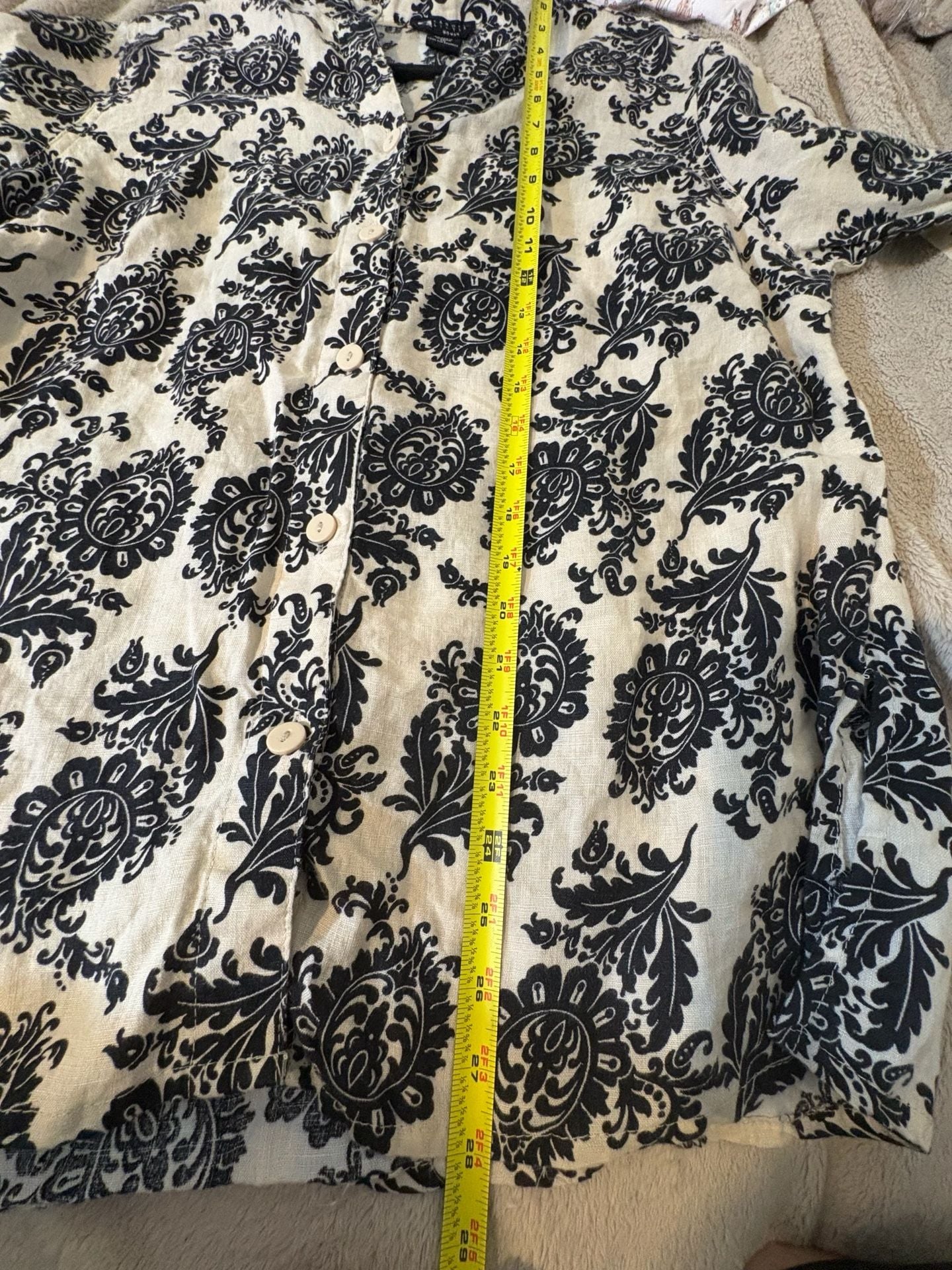 Carole Little Blouse Size 1X Black Beige Linen Floral Button Up 3/4 Sleeve 8