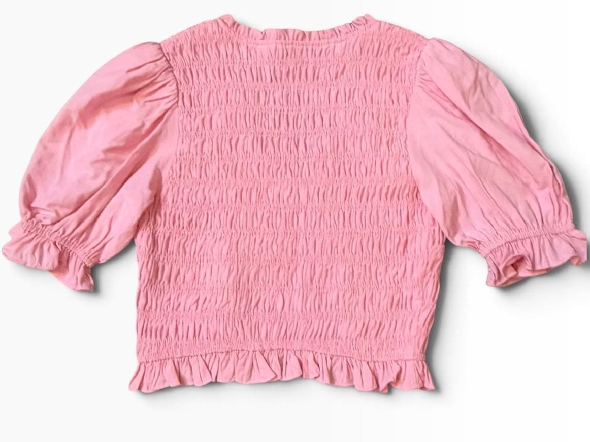NWOT Endless Rose Smocked Short Sleeve Blouse Size S Pink Ruffle Top  7