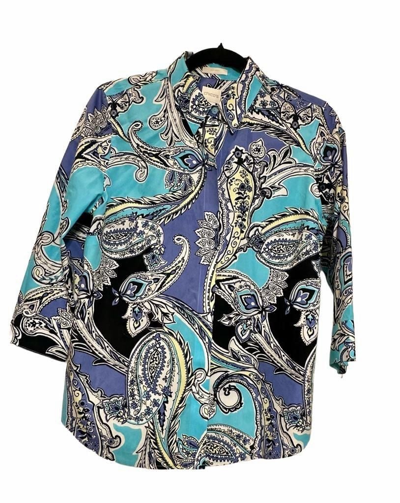 Chico’s Cotton Blue Paisley Tunic Small Coastal Resort Boho Blue Black No Iron Size 0 2