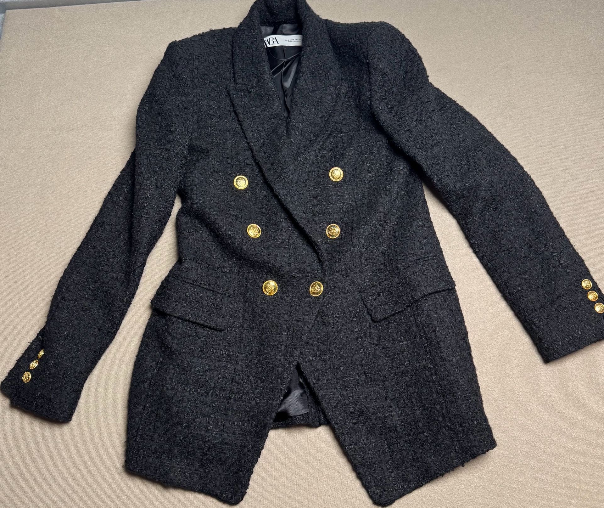 Zara Textured Weave Double Breasted Blazer Size S Black Gold Buttons 2