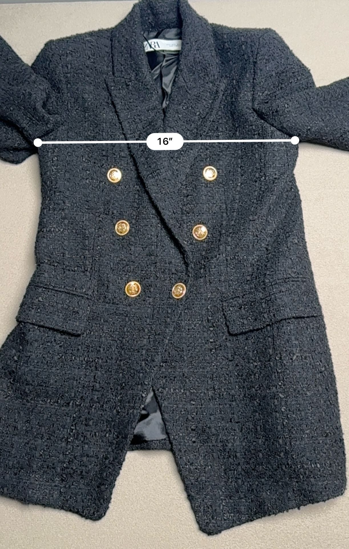 Zara Textured Weave Double Breasted Blazer Size S Black Gold Buttons 4