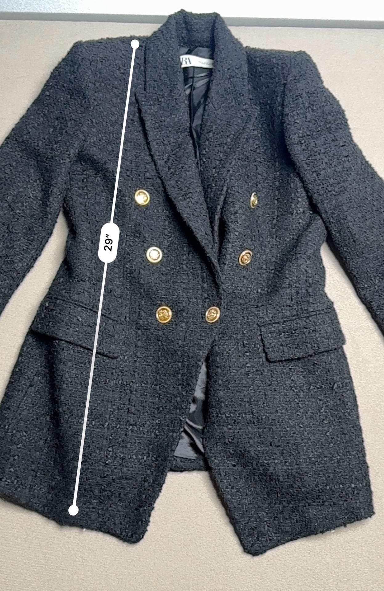 Zara Textured Weave Double Breasted Blazer Size S Black Gold Buttons 5