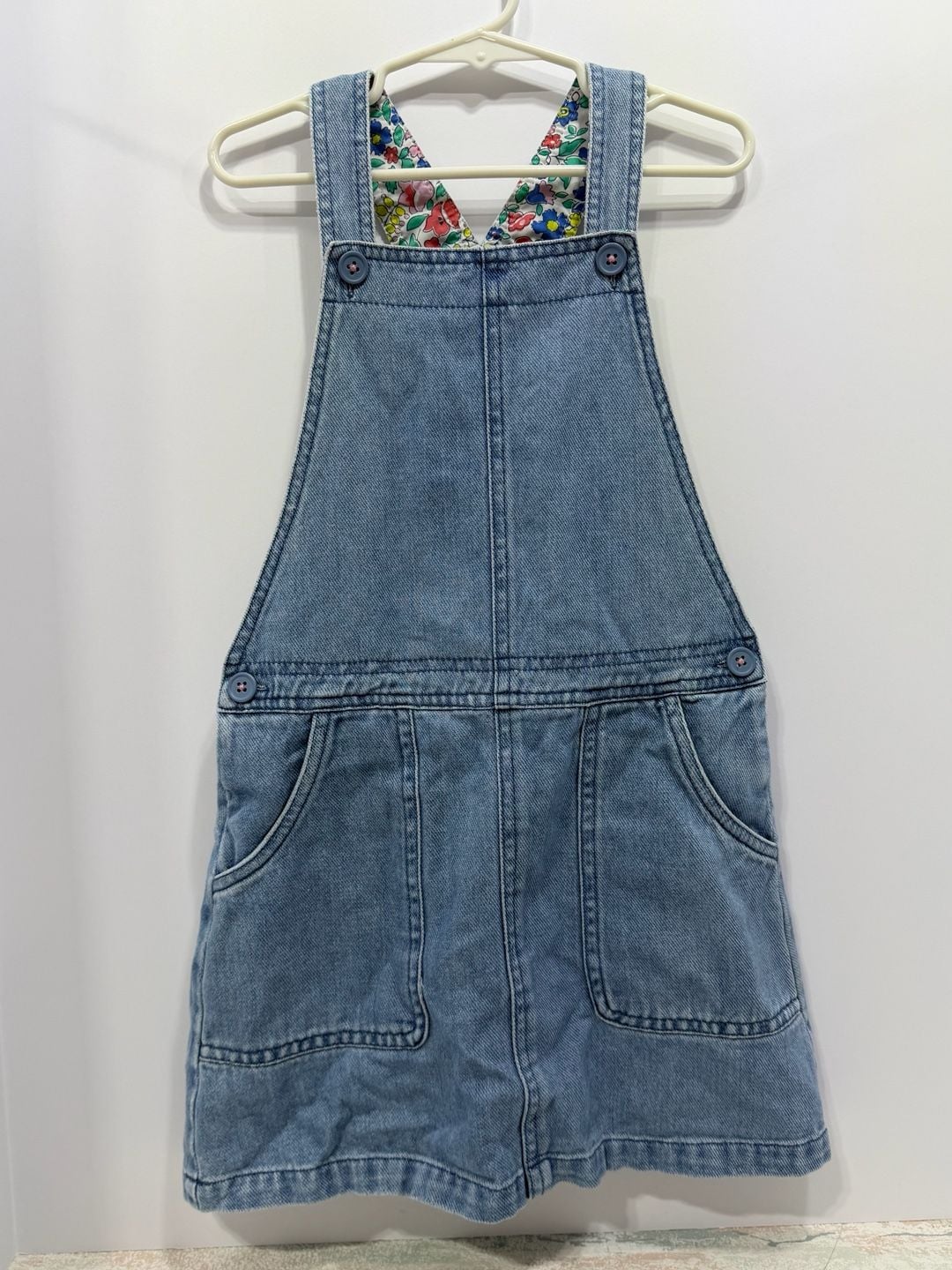 Mini Boden Denim Jumper Dress Size 7-8Y Floral Lining Blue Pinafore 2