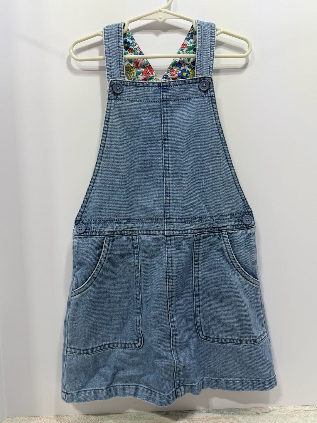 Mini Boden Denim Jumper Dress Size 7-8Y Floral Lining Blue Pinafore 3