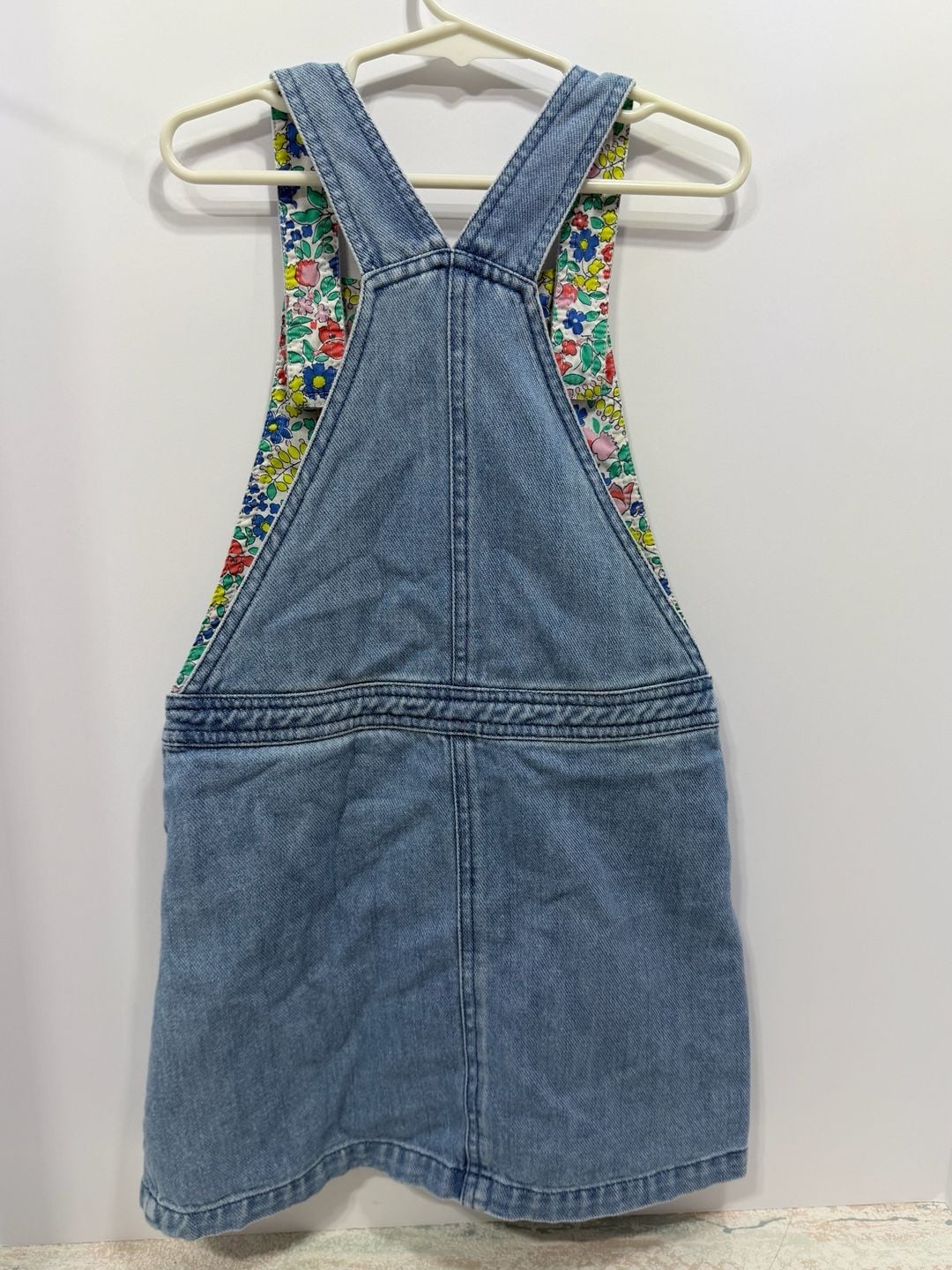 Mini Boden Denim Jumper Dress Size 7-8Y Floral Lining Blue Pinafore 7