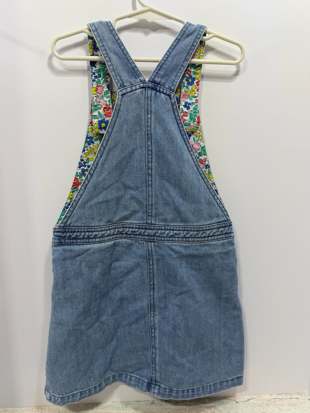Mini Boden Denim Jumper Dress Size 7-8Y Floral Lining Blue Pinafore 8