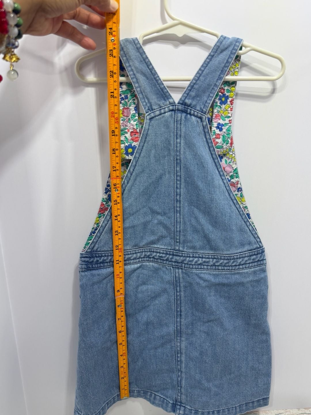 Mini Boden Denim Jumper Dress Size 7-8Y Floral Lining Blue Pinafore 9