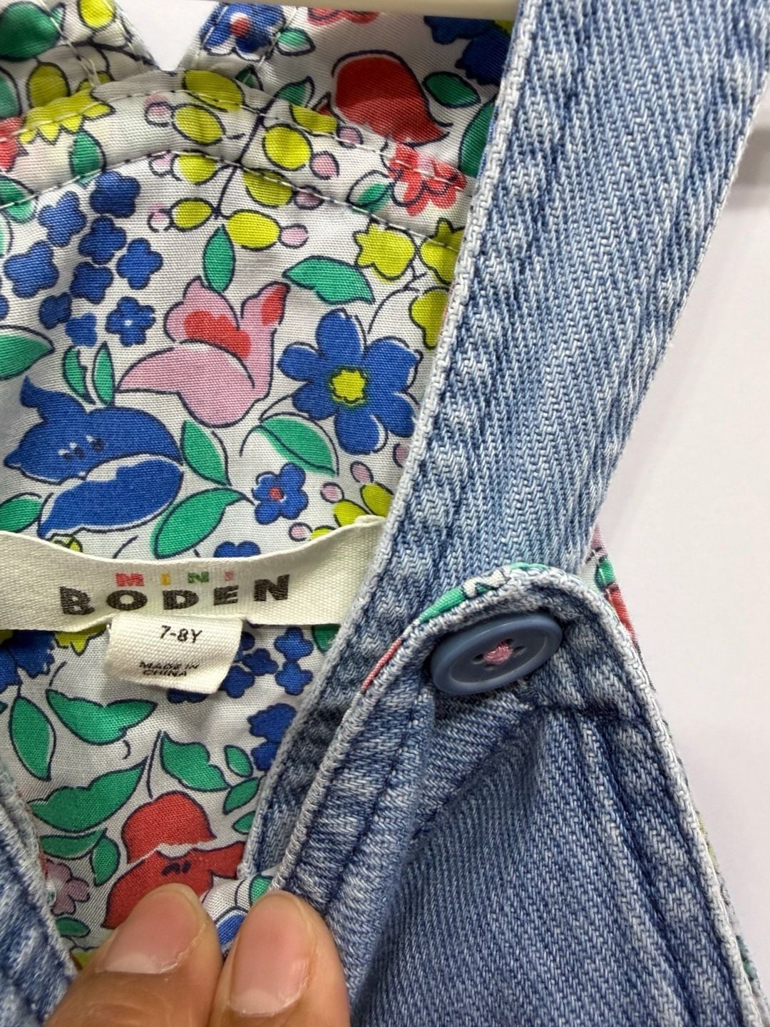 Mini Boden Denim Jumper Dress Size 7-8Y Floral Lining Blue Pinafore 6