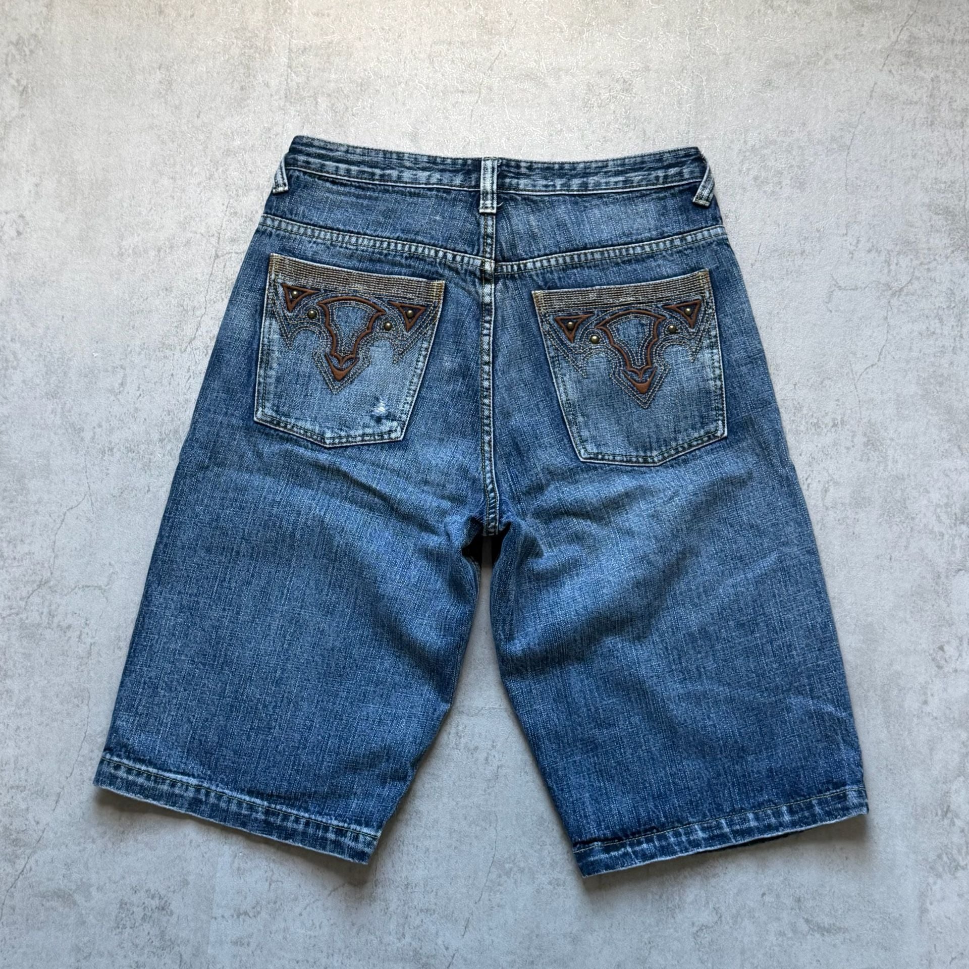 Vintage Denim Jean Shorts Distressed Embroidered Pockets 6