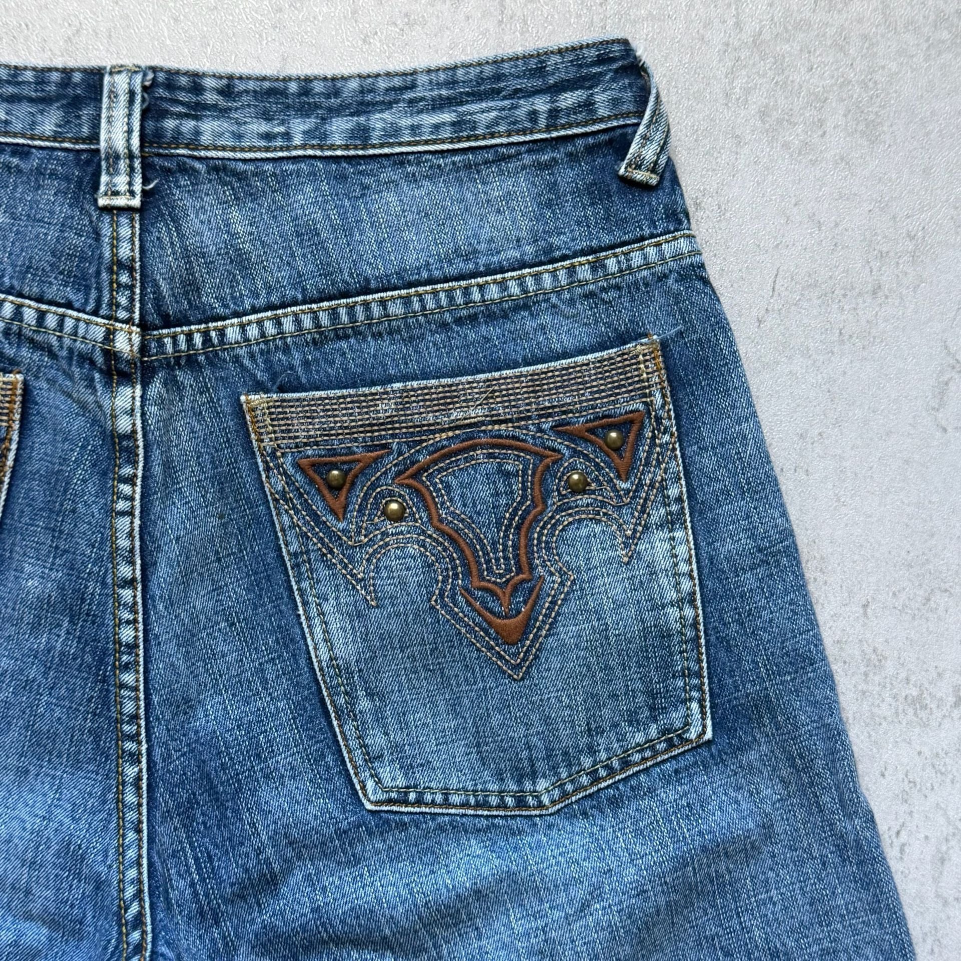 Vintage Denim Jean Shorts Distressed Embroidered Pockets 7