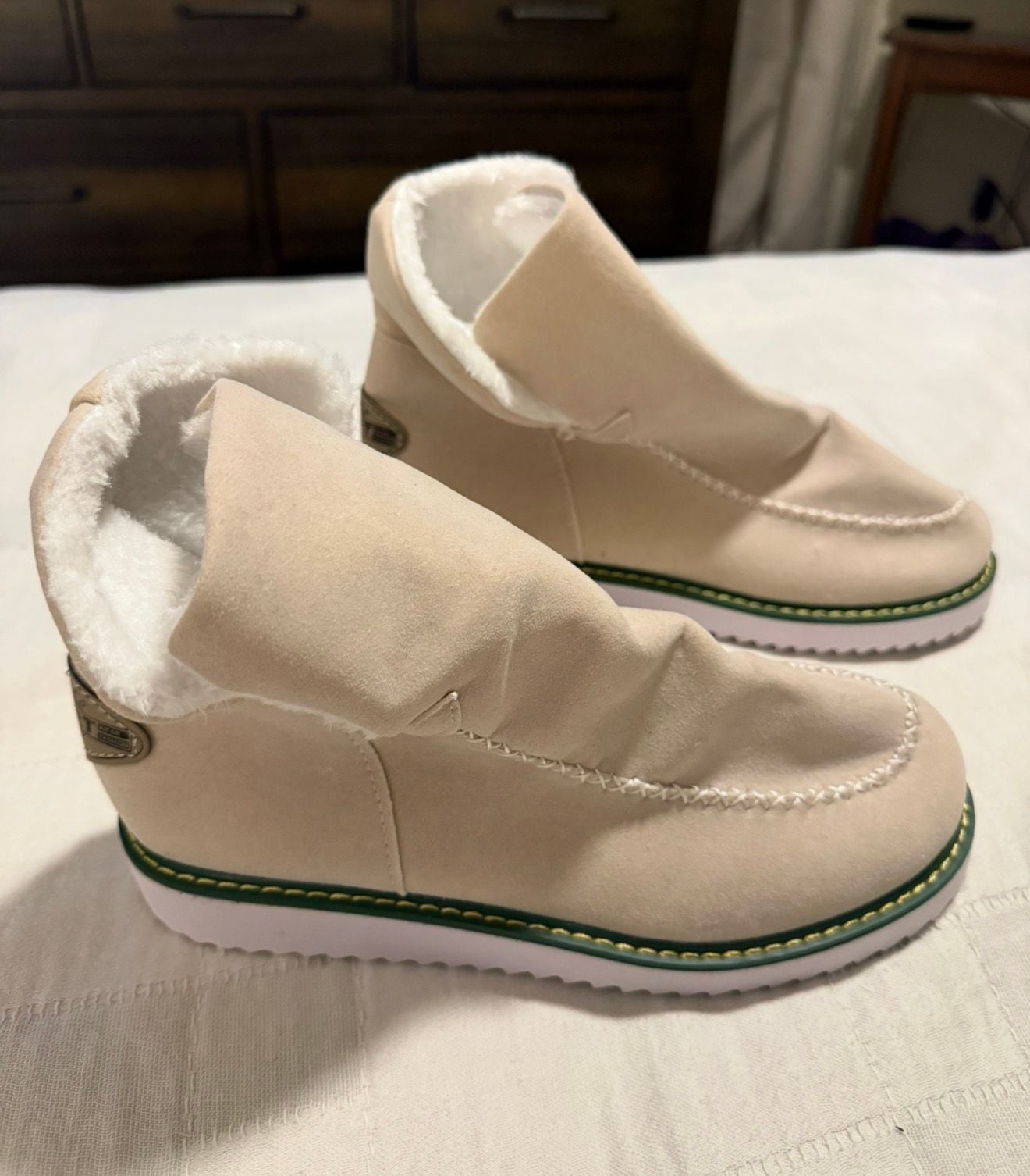 AVSTCFS Ankle Snow Boots Beige Fleece Lined Slip On 2